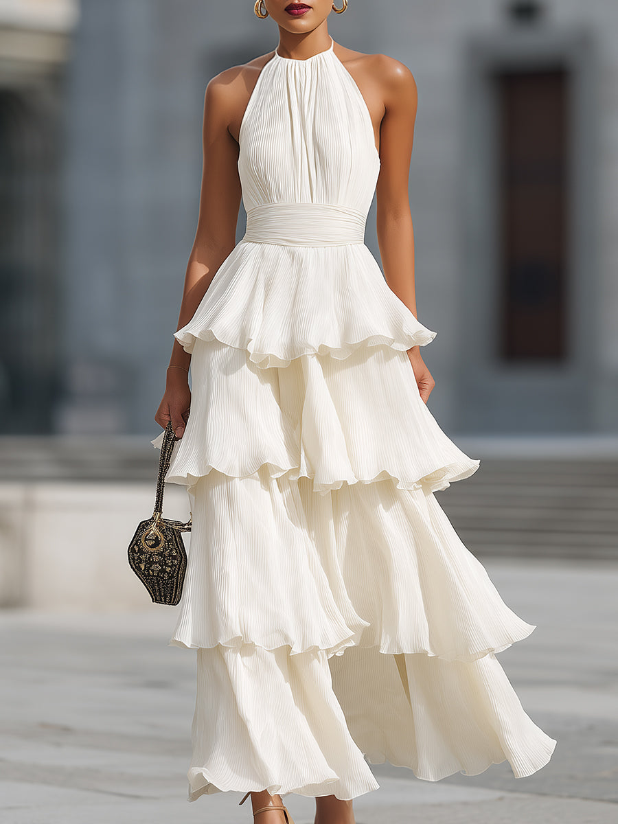 Olivia Bennet | Halter Neck Tiered Pleated Chiffon Maxi Dress