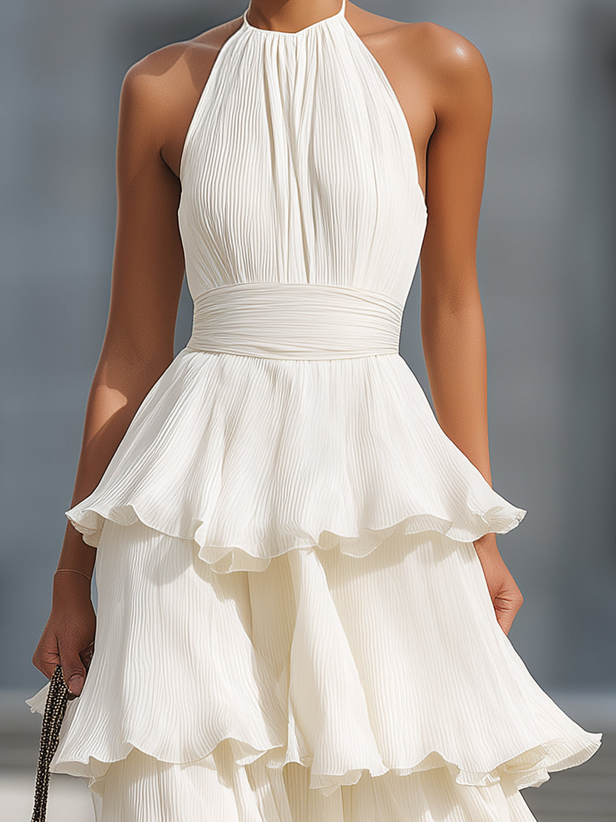 Olivia Bennet | Halter Neck Tiered Pleated Chiffon Maxi Dress