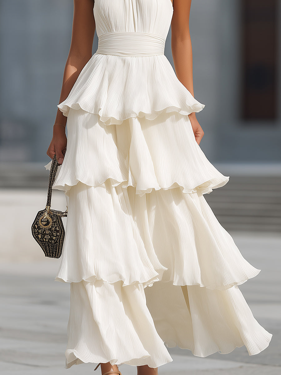 Olivia Bennet | Halter Neck Tiered Pleated Chiffon Maxi Dress