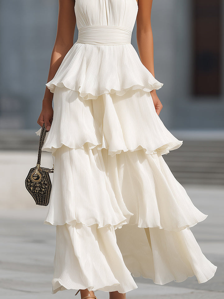 Olivia Bennet | Halter Neck Tiered Pleated Chiffon Maxi Dress