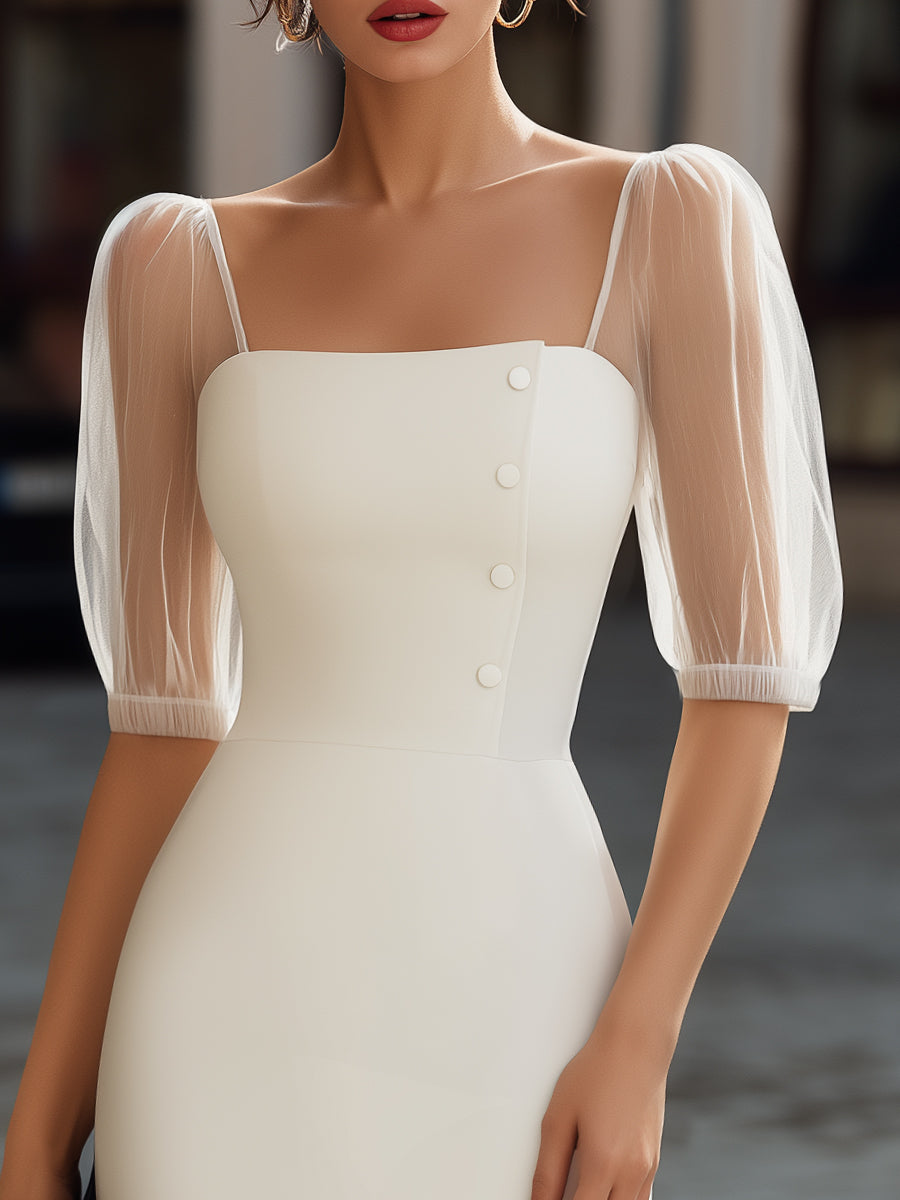 Olivia Bennet | Sheer Sleeve Button-Detail Square-Neck Midi Dress
