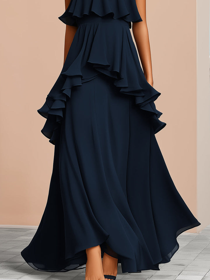 Olivia Bennet | Halter Neck Asymmetric Layered Ruffle Maxi Dress