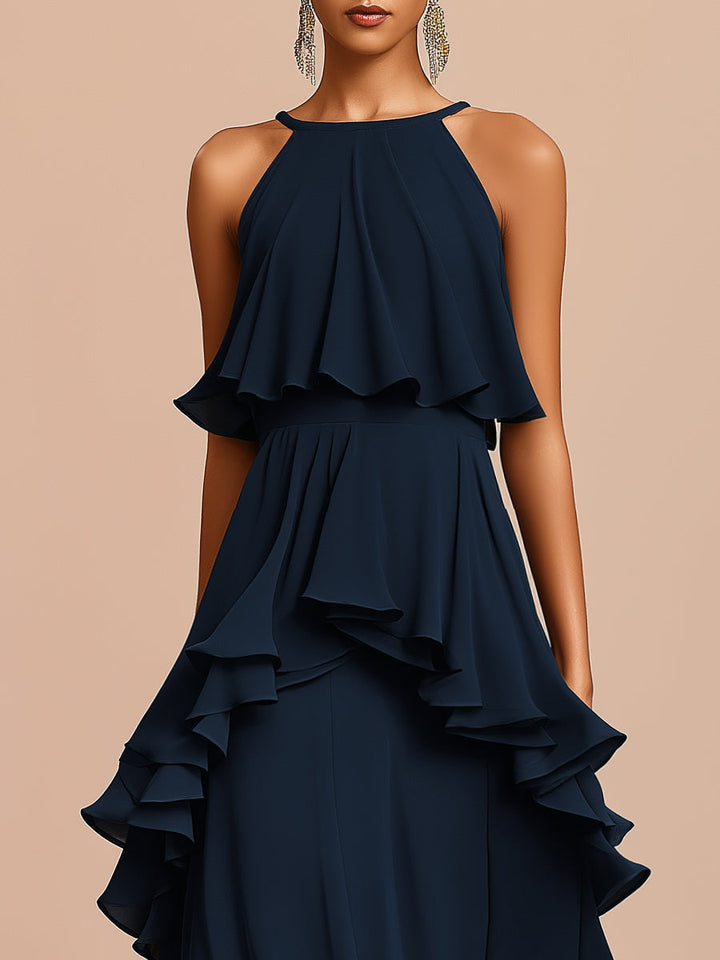 Olivia Bennet | Halter Neck Asymmetric Layered Ruffle Maxi Dress