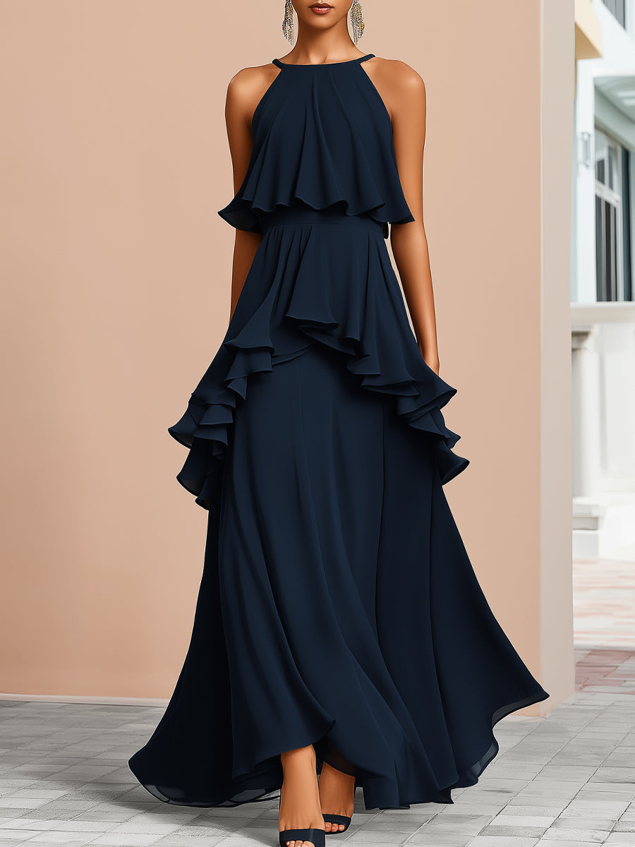 Olivia Bennet | Halter Neck Asymmetric Layered Ruffle Maxi Dress
