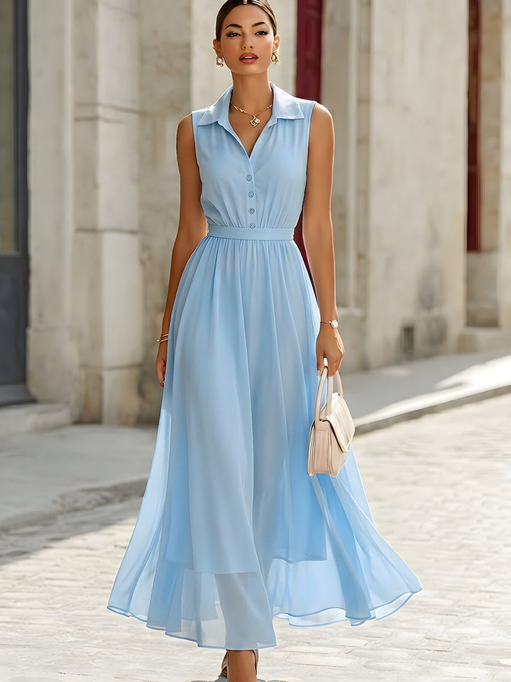 Olivia Bennet | Sleeveless Collared Chiffon Shirt Maxi Dress