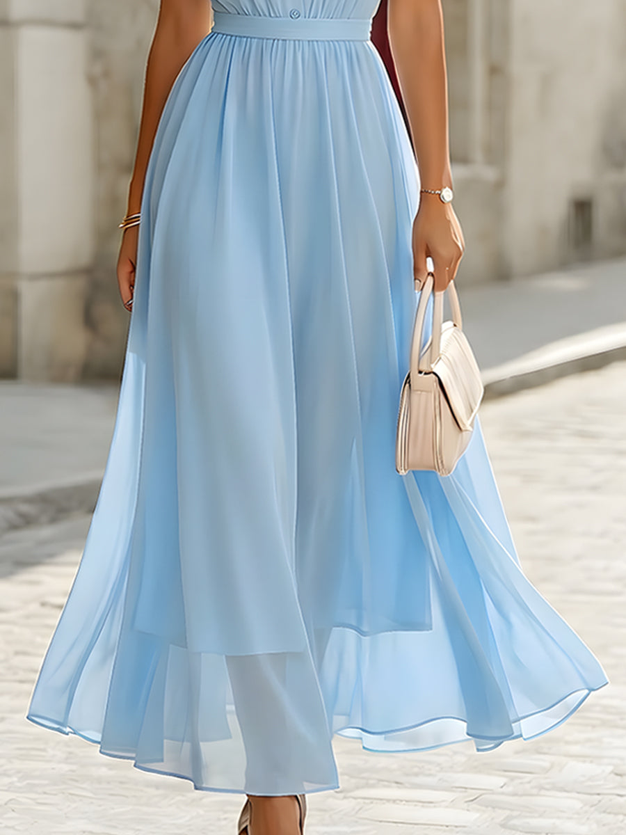 Olivia Bennet | Sleeveless Collared Chiffon Shirt Maxi Dress