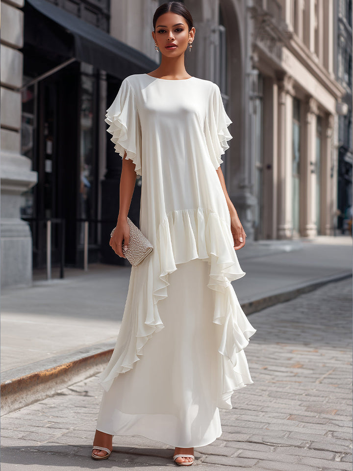 Olivia Bennet | Layered Ruffle Sleeve Asymmetric Tiered Maxi Dress