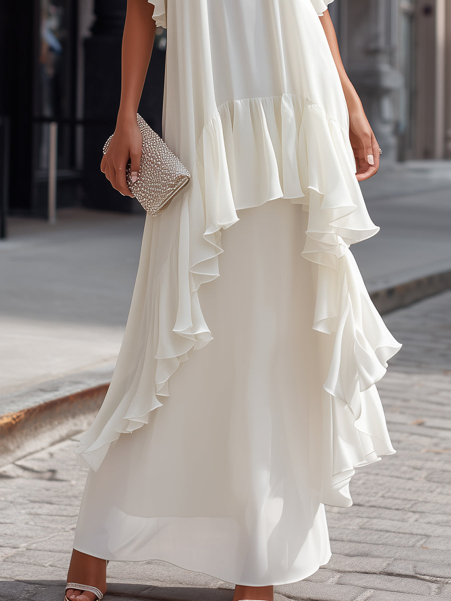 Olivia Bennet | Layered Ruffle Sleeve Asymmetric Tiered Maxi Dress