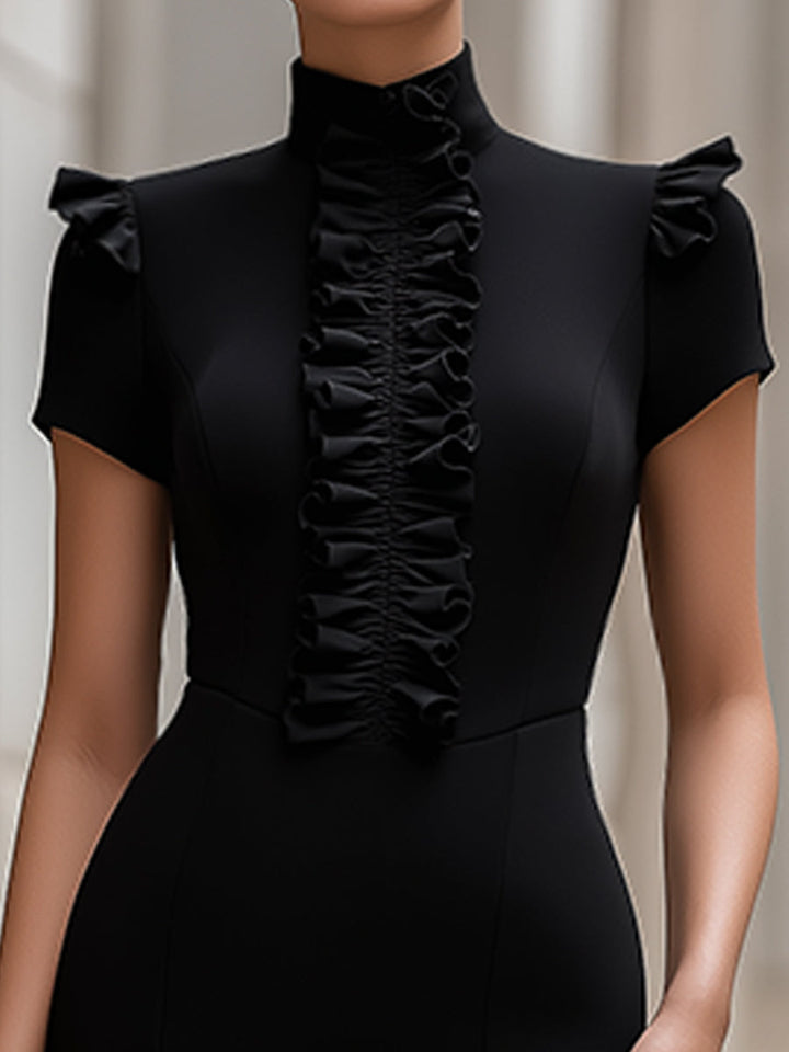 Olivia Bennet | High-Neck Ruffle Front Structured Pencil Midi Dress