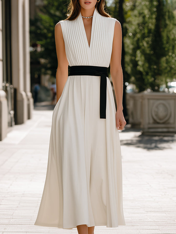 Olivia Bennet | Pleated V-Neck Sleeveless Waist-Tie Flowing Maxi Dress