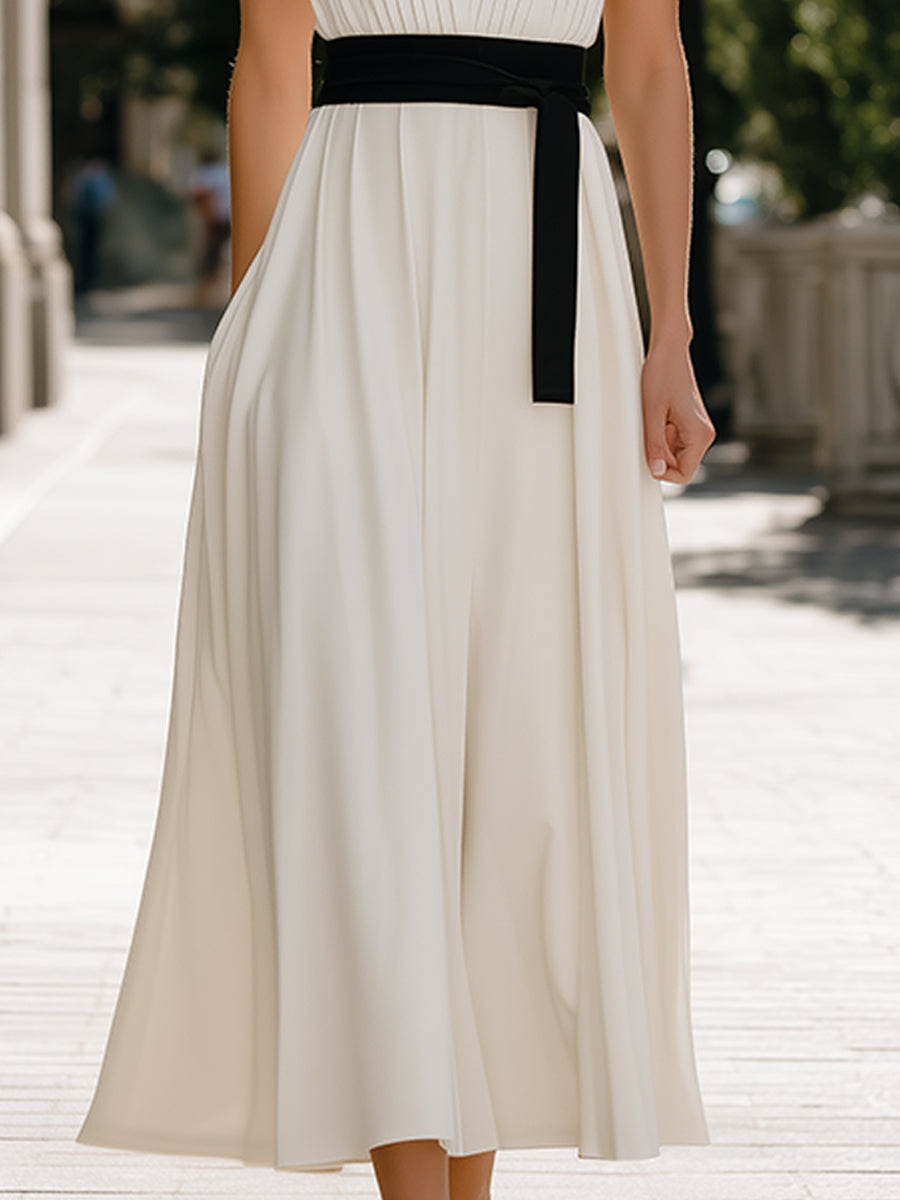Olivia Bennet | Pleated V-Neck Sleeveless Waist-Tie Flowing Maxi Dress