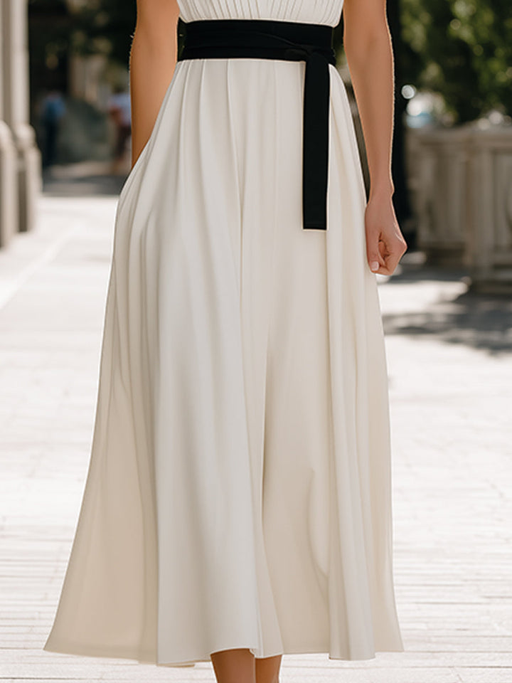 Olivia Bennet | Pleated V-Neck Sleeveless Waist-Tie Flowing Maxi Dress