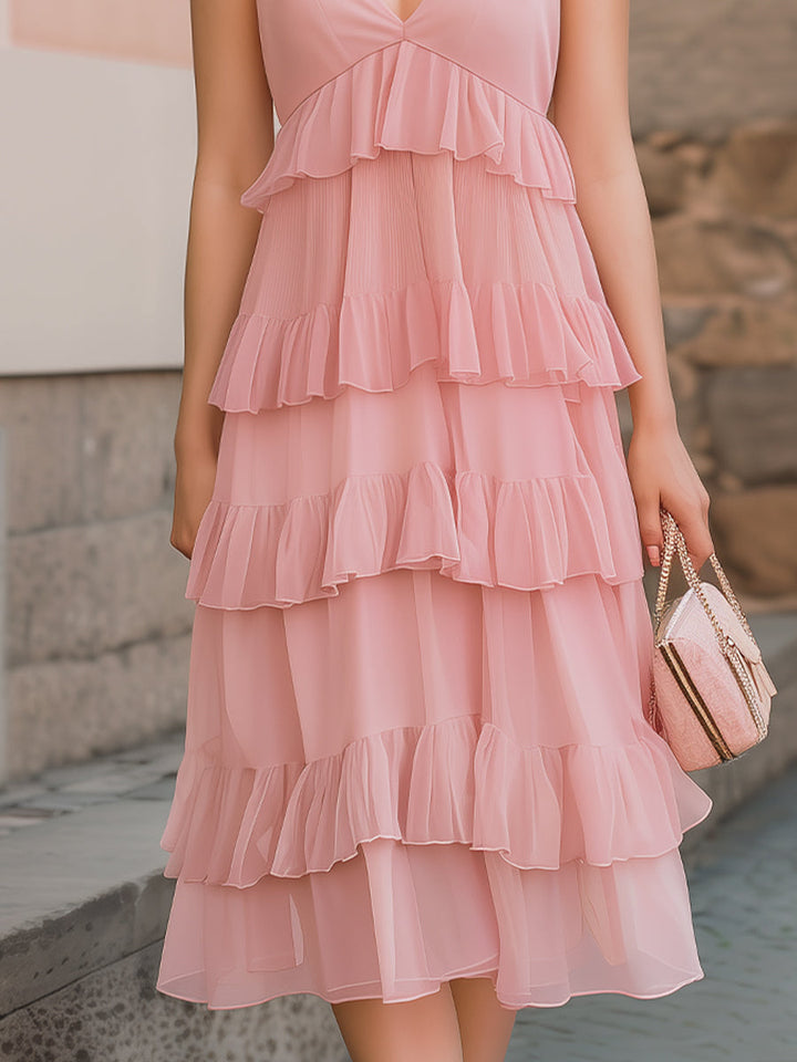 Olivia Bennet | Deep V-Neck Tiered Ruffle Chiffon Midi Dress