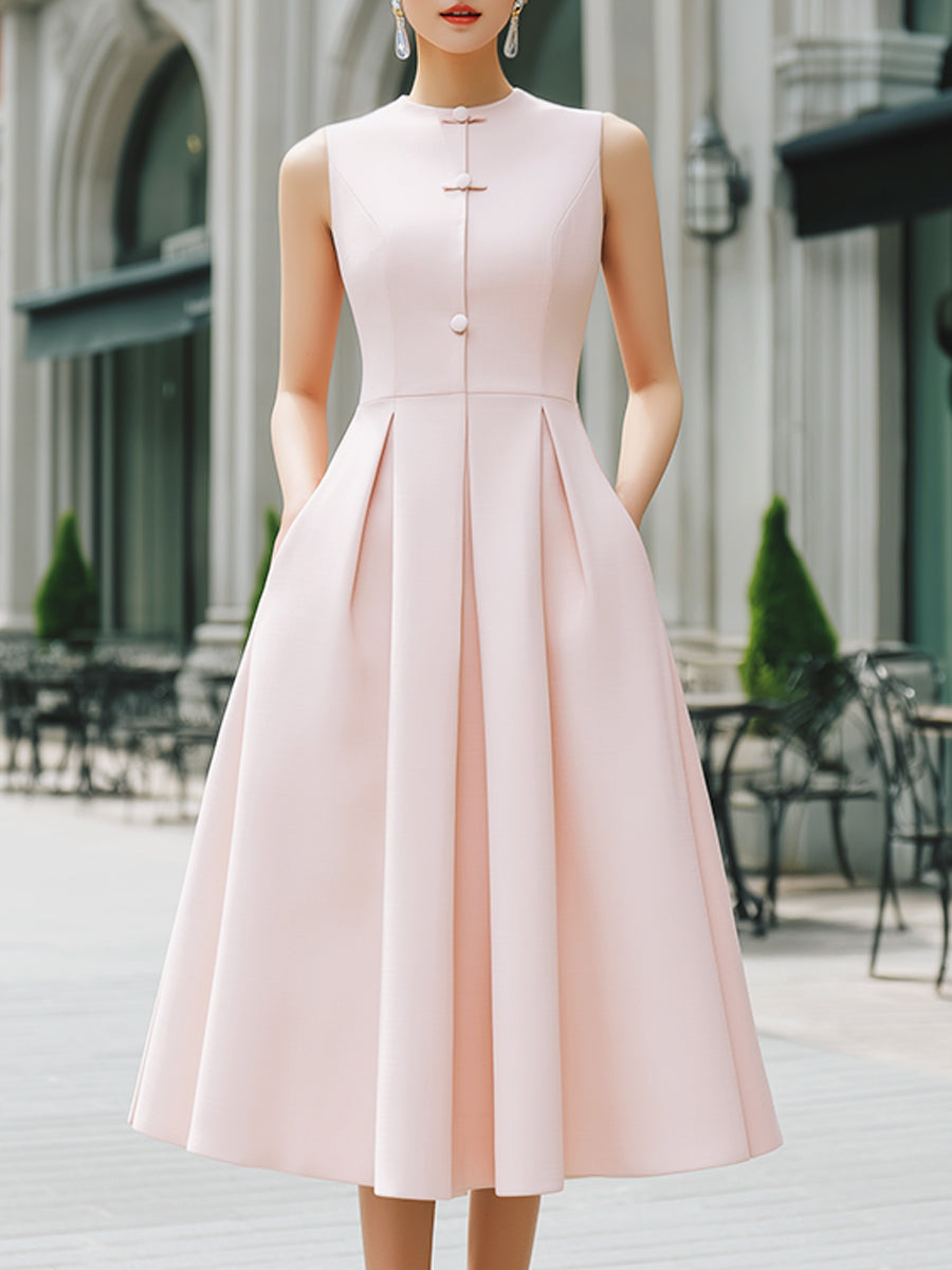 Olivia Bennet | Mandarin Collar Button-Front Sleeveless Pleated A-Line Maxi Dress