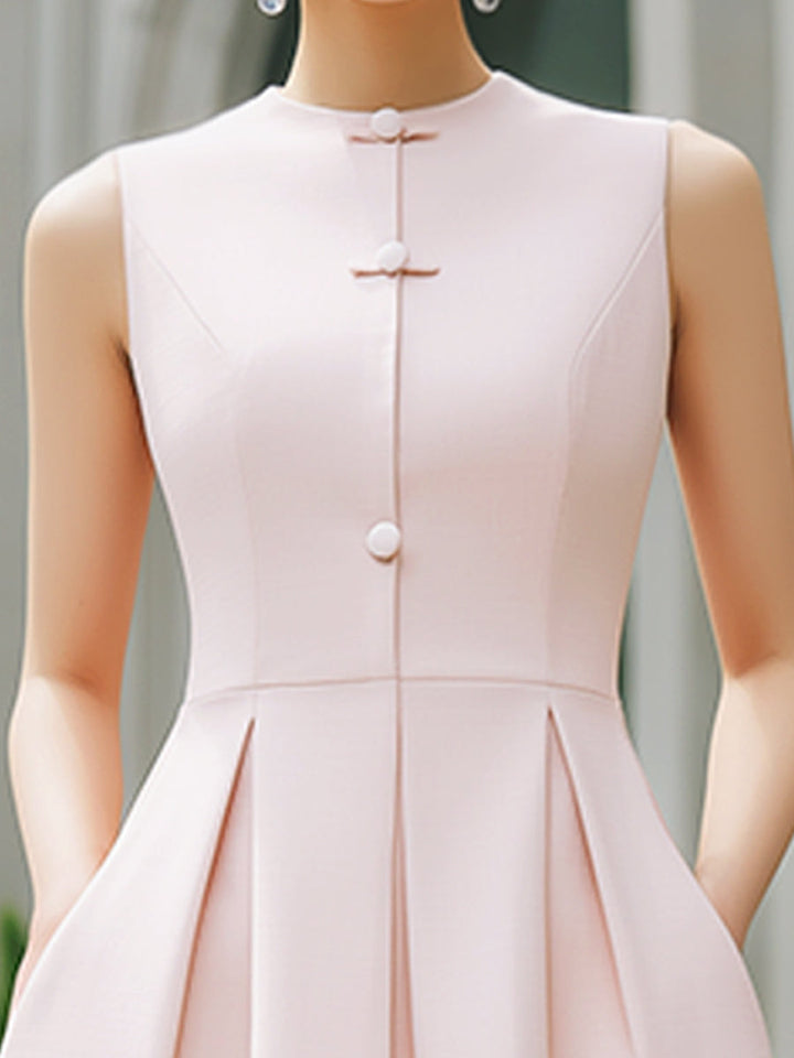 Olivia Bennet | Mandarin Collar Button-Front Sleeveless Pleated A-Line Maxi Dress