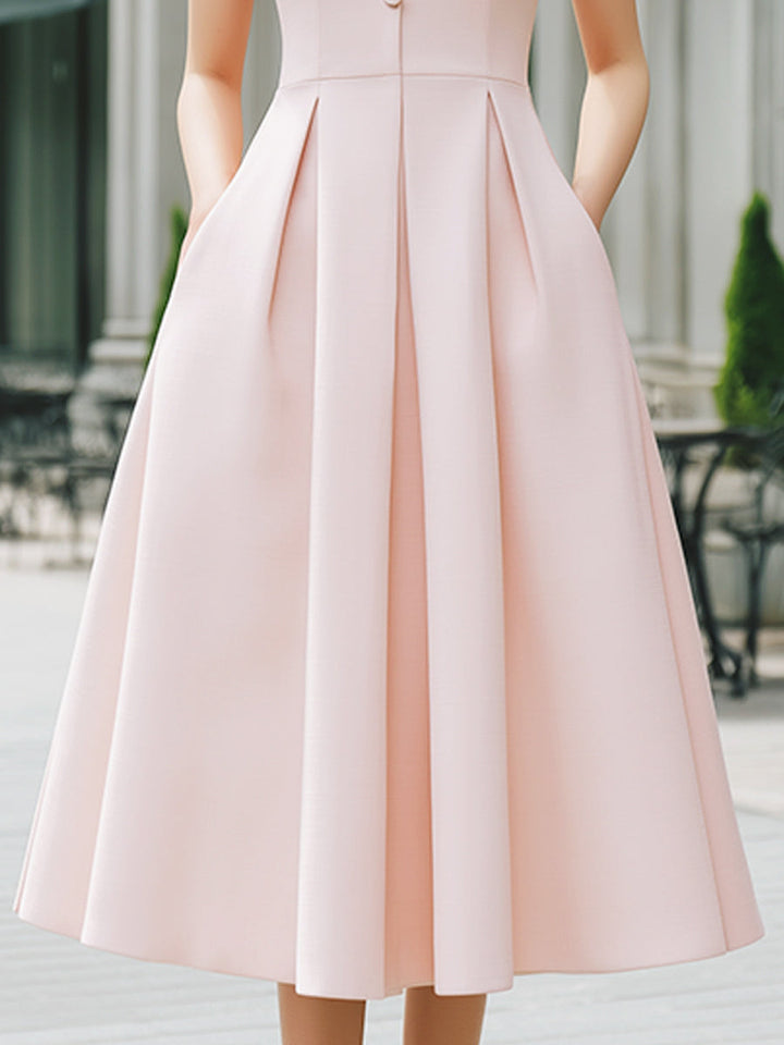 Olivia Bennet | Mandarin Collar Button-Front Sleeveless Pleated A-Line Maxi Dress