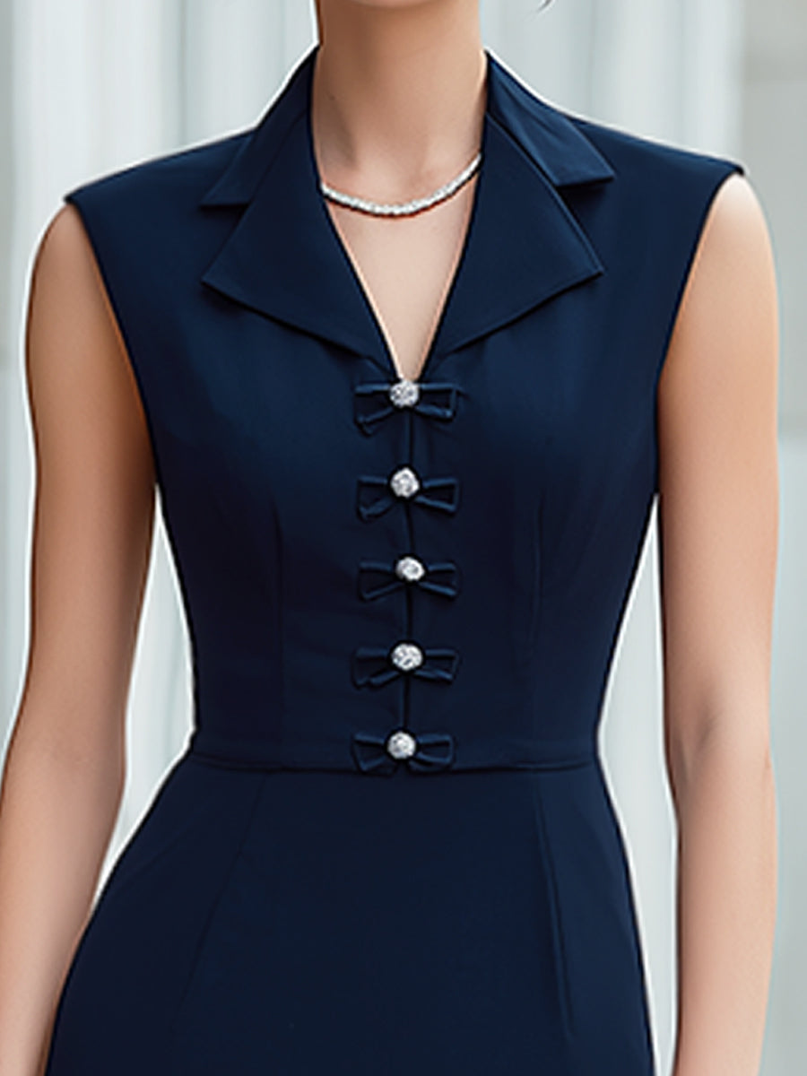 Olivia Bennet | Notched Collar Bow-Button Sleeveless Tailored Pencil Midi Dress