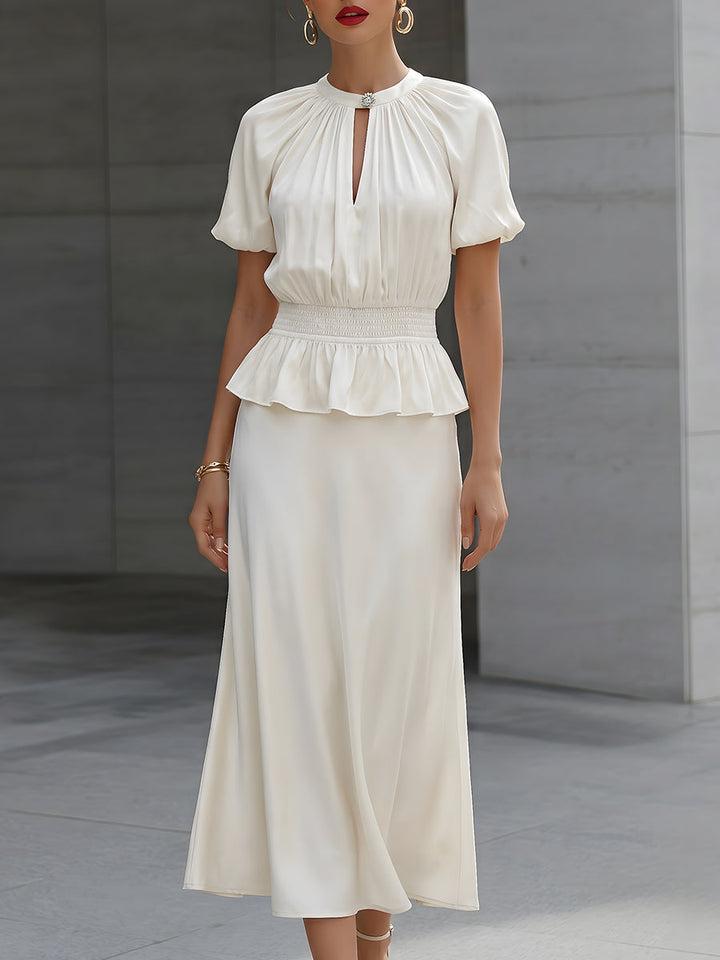 Olivia Bennet | Satin Puff Sleeve Smocked Peplum Midi Dress