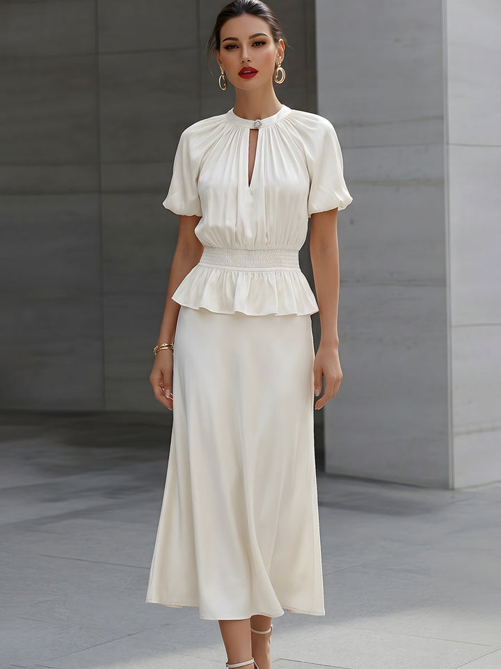 Olivia Bennet | Satin Puff Sleeve Smocked Peplum Midi Dress