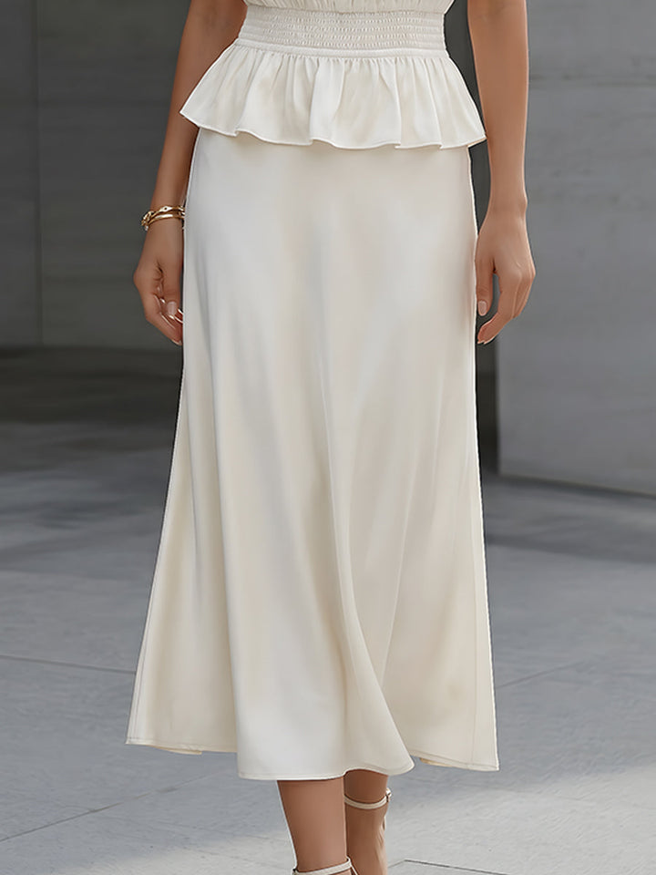 Olivia Bennet | Satin Puff Sleeve Smocked Peplum Midi Dress