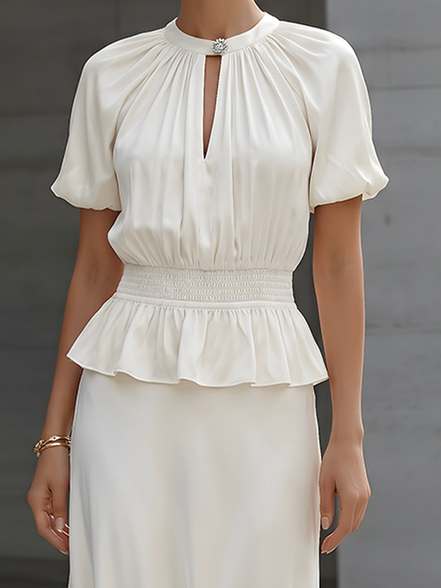Olivia Bennet | Satin Puff Sleeve Smocked Peplum Midi Dress