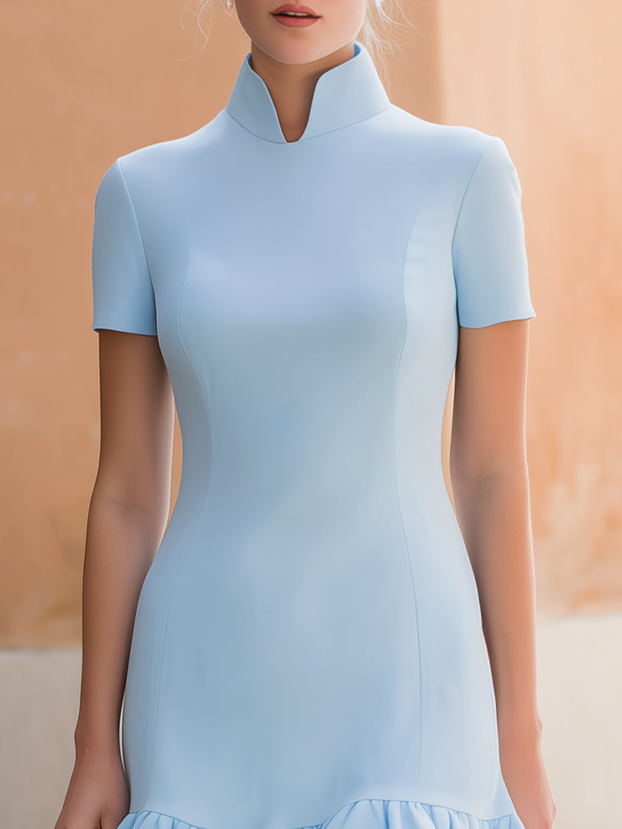 Olivia Bennet | Stand-Up Collar Short-Sleeve Ruffle Hem Bodycon Mini Dress