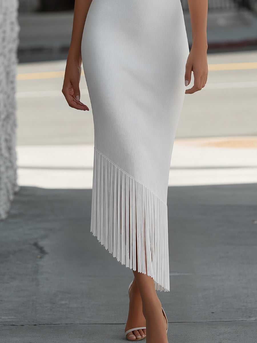 Olivia Bennet | Draped Cowl Neck Knit Maxi Dress With Fringe Hem