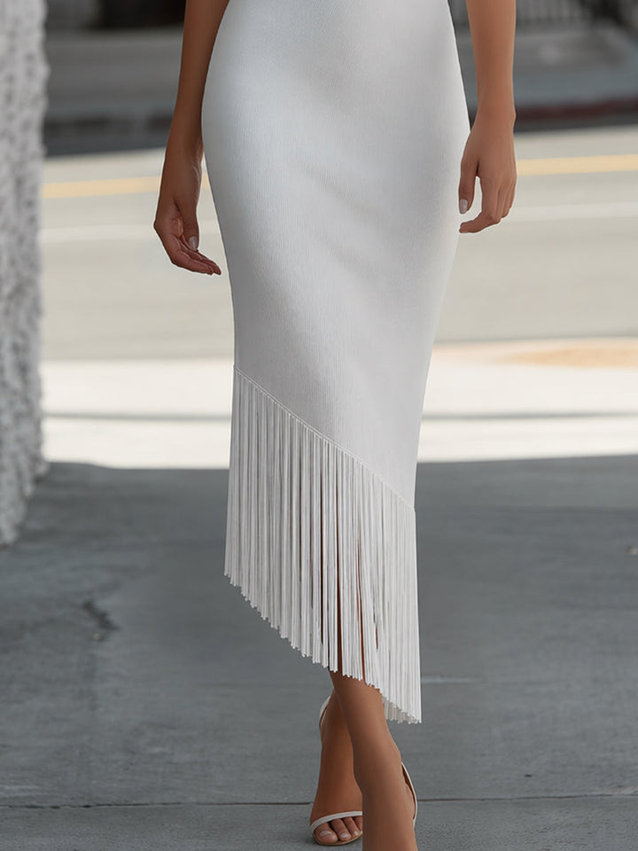 Olivia Bennet | Draped Cowl Neck Knit Maxi Dress With Fringe Hem