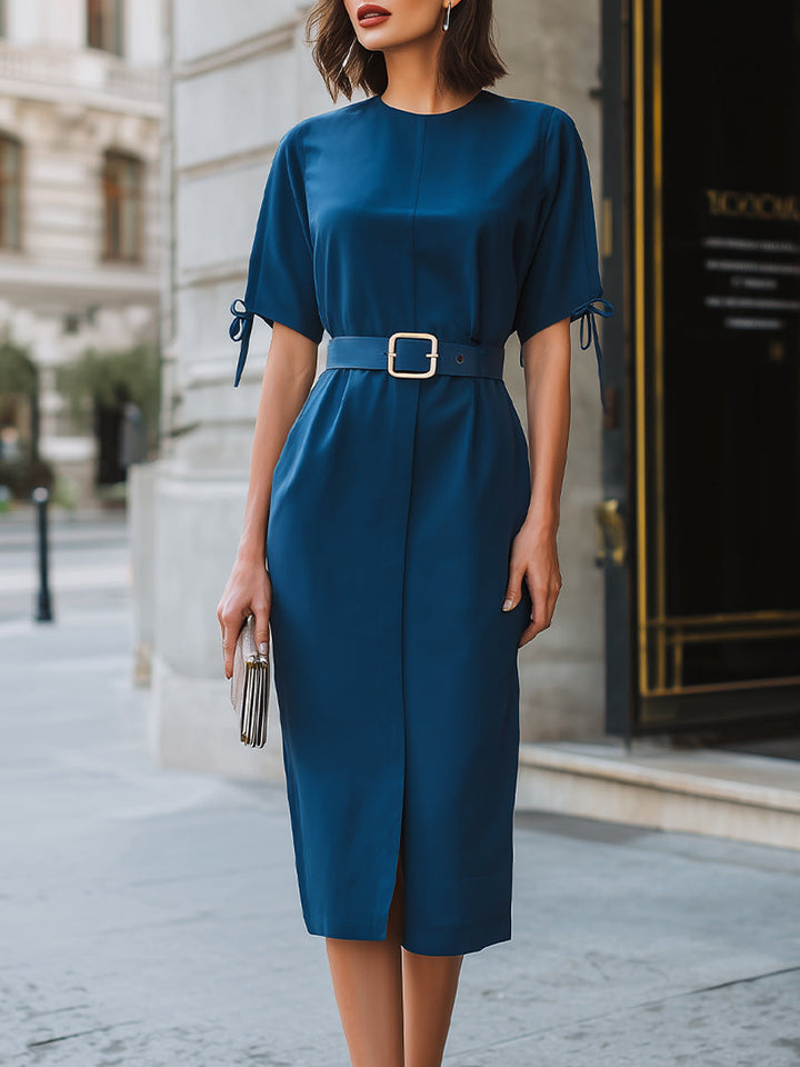 Olivia Bennet | Structured Tie-Sleeve Belted Midi Dress