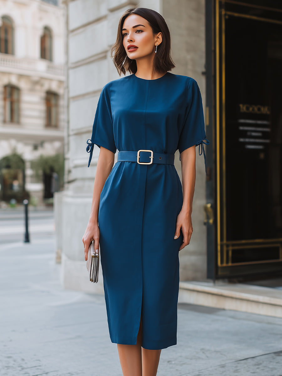 Olivia Bennet | Structured Tie-Sleeve Belted Midi Dress