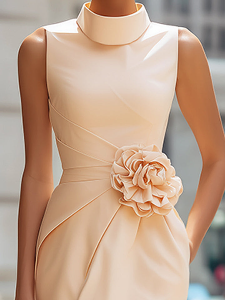Olivia Bennet | High-Neck Floral Waist Detail Sleeveless Draped Midi Dress
