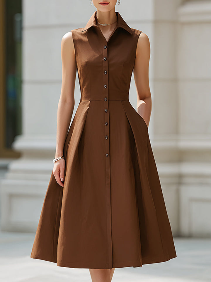 Olivia Bennet | Sleeveless Button-Front Collared A-Line Midi Shirt Dress