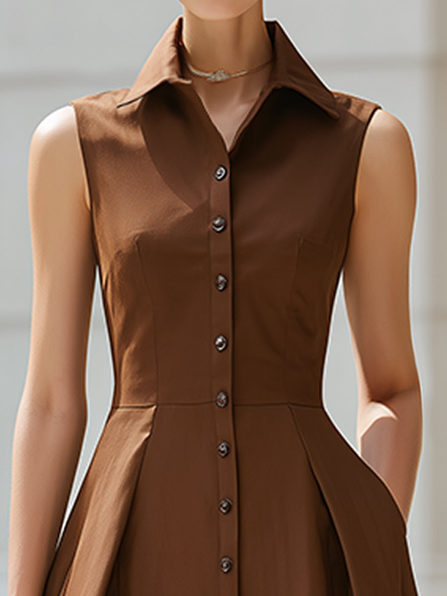 Olivia Bennet | Sleeveless Button-Front Collared A-Line Midi Shirt Dress