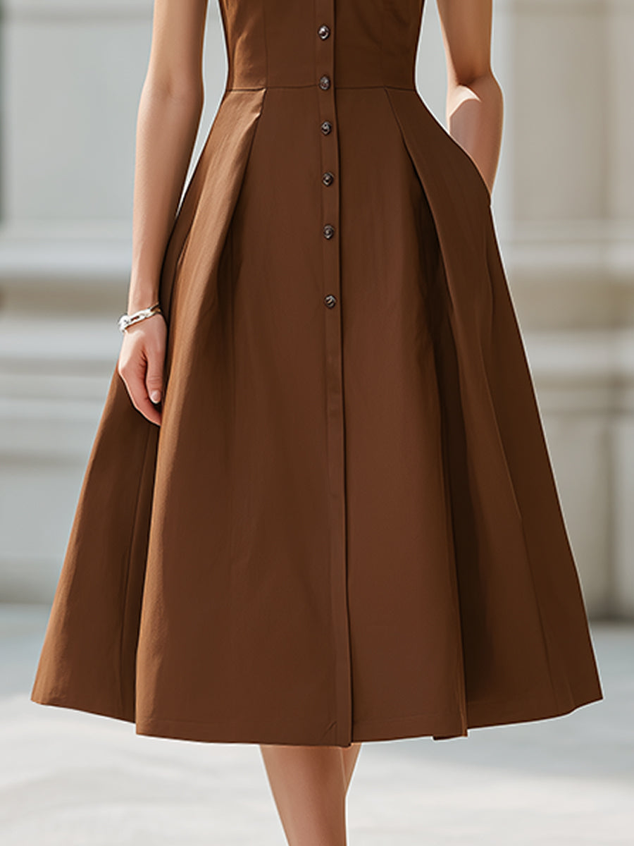 Olivia Bennet | Sleeveless Button-Front Collared A-Line Midi Shirt Dress