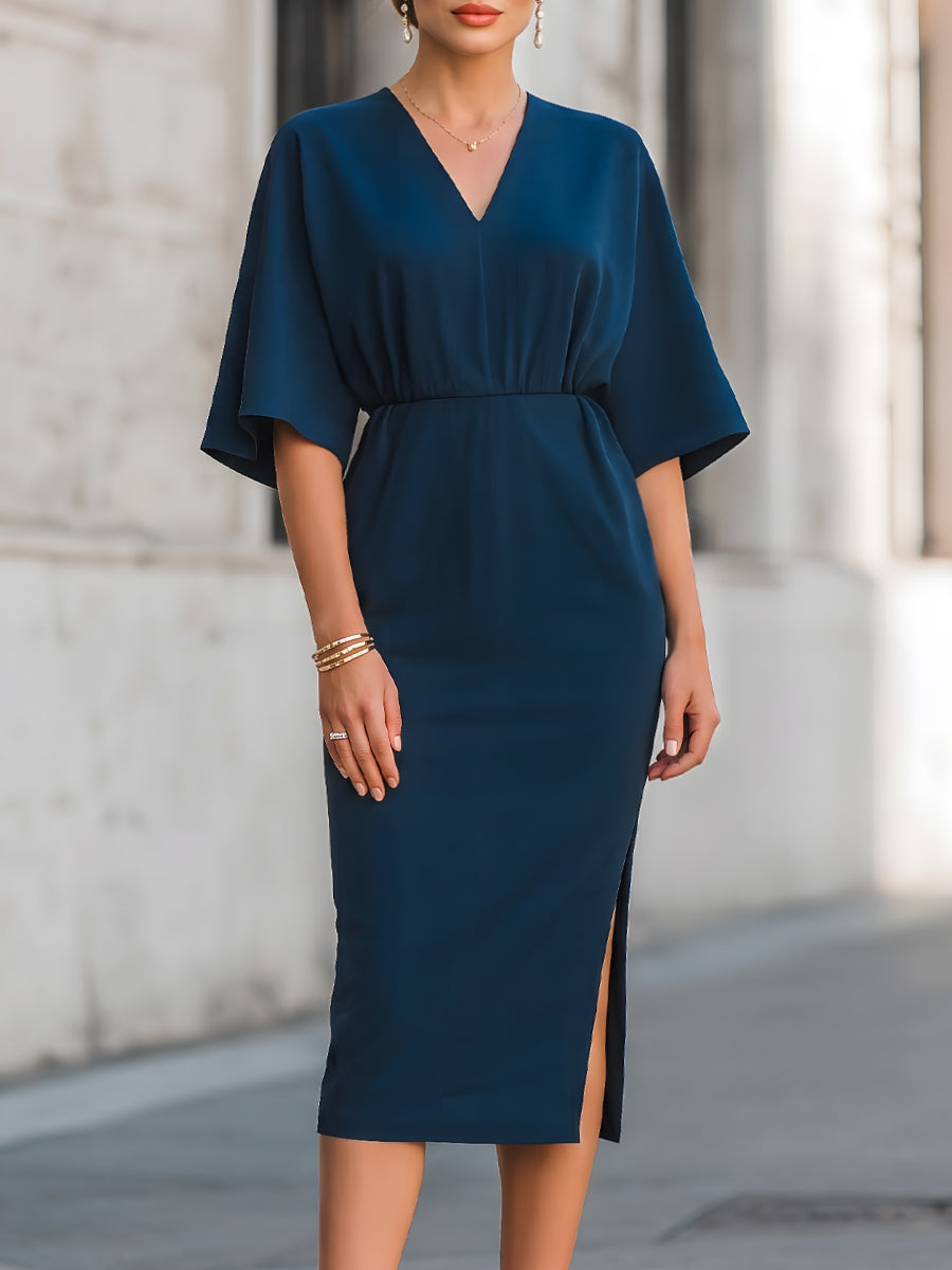 Olivia Bennet | V-Neck Relaxed Sleeve Waist-Defined Midi Dress