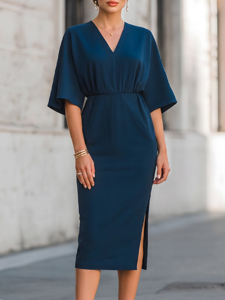 Olivia Bennet | V-Neck Relaxed Sleeve Waist-Defined Midi Dress