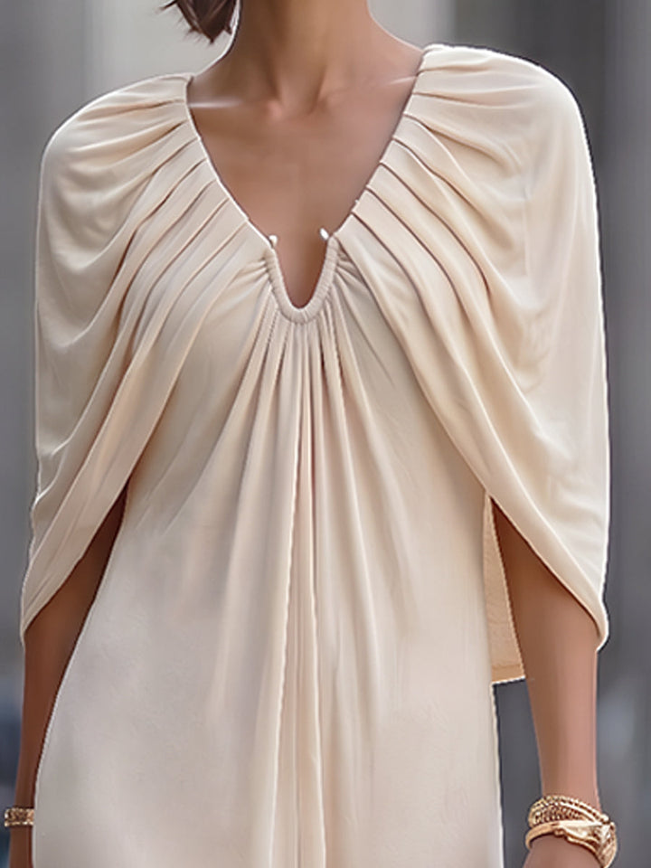 Olivia Bennet | Pleated Cape Sleeve Draped Maxi Dress