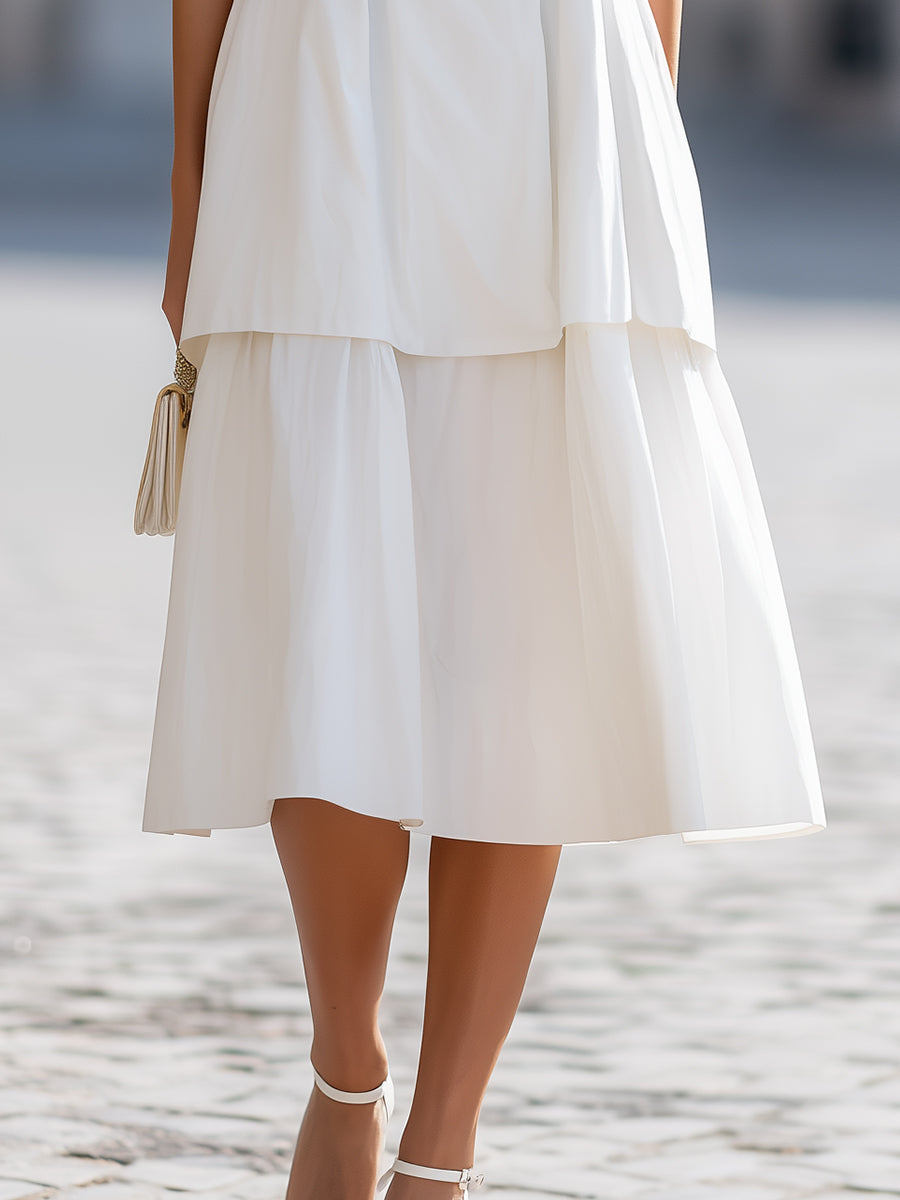 Olivia Bennet | White Round Neck Sleeveless Tiered A-Line Midi Dress