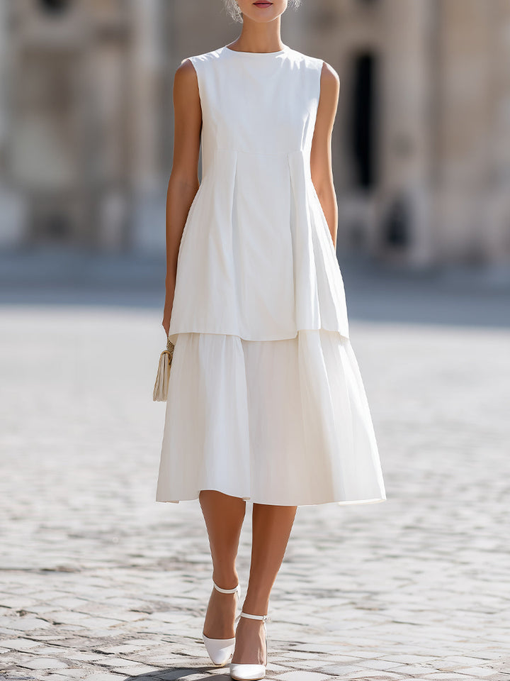Olivia Bennet | White Round Neck Sleeveless Tiered A-Line Midi Dress