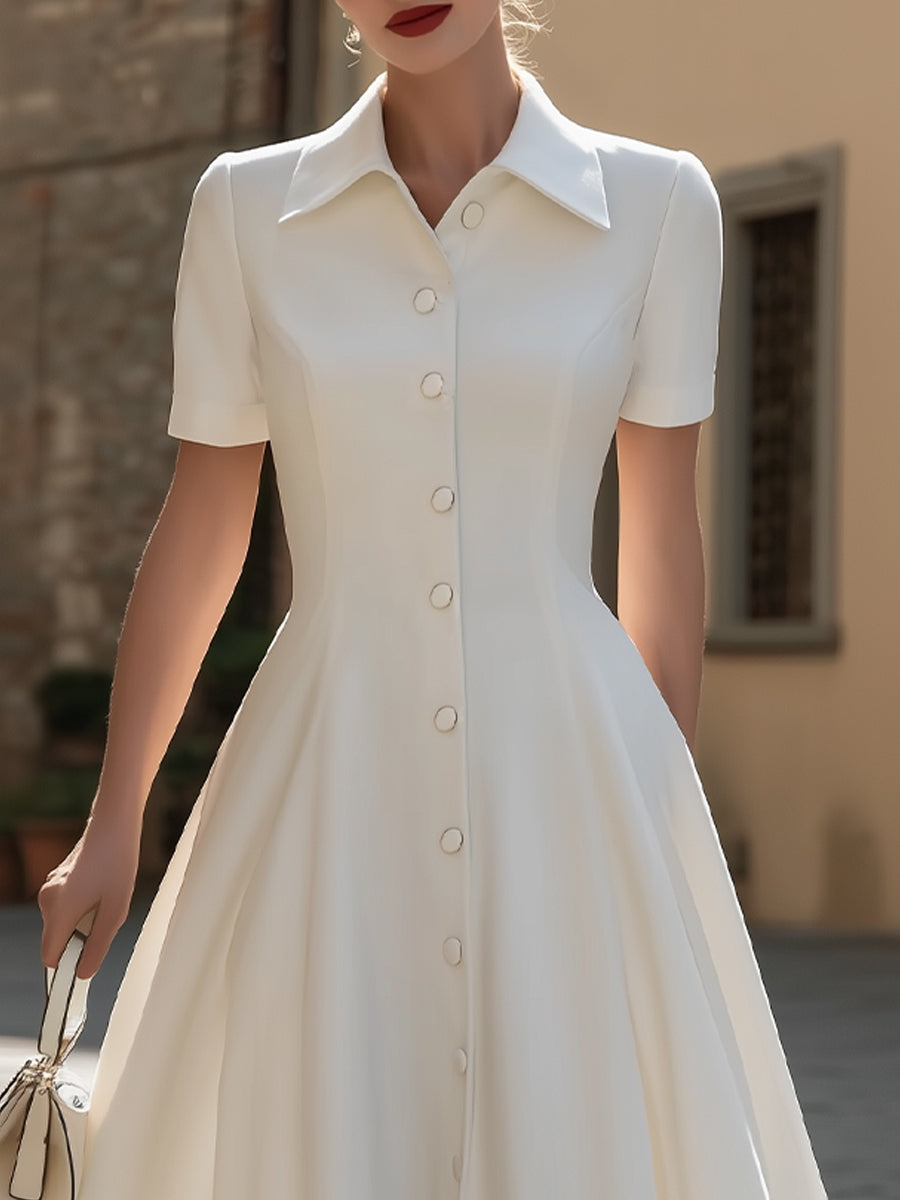 Olivia Bennet | Pointed Collar Short-Sleeve Button-Down A-Line Midi Dress