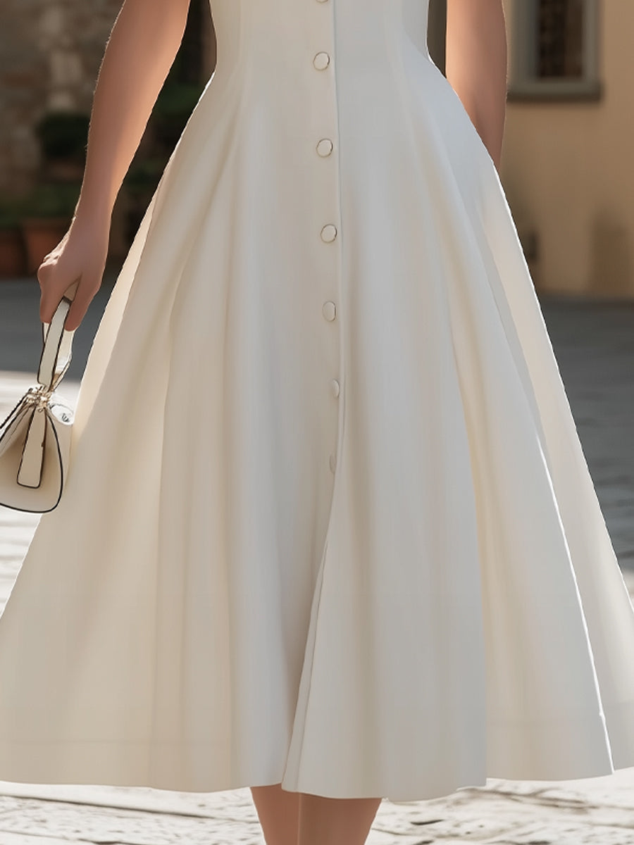 Olivia Bennet | Pointed Collar Short-Sleeve Button-Down A-Line Midi Dress
