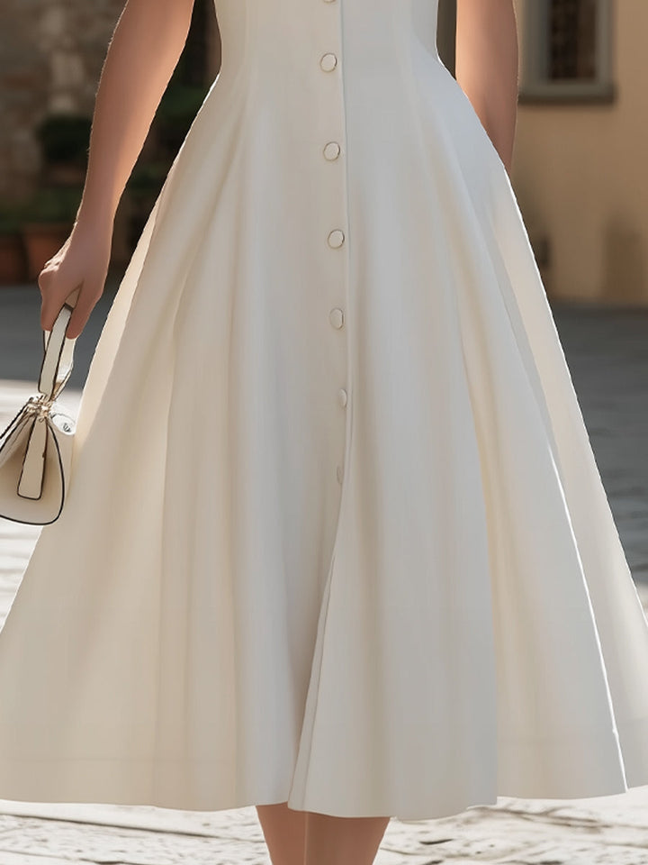 Olivia Bennet | Pointed Collar Short-Sleeve Button-Down A-Line Midi Dress