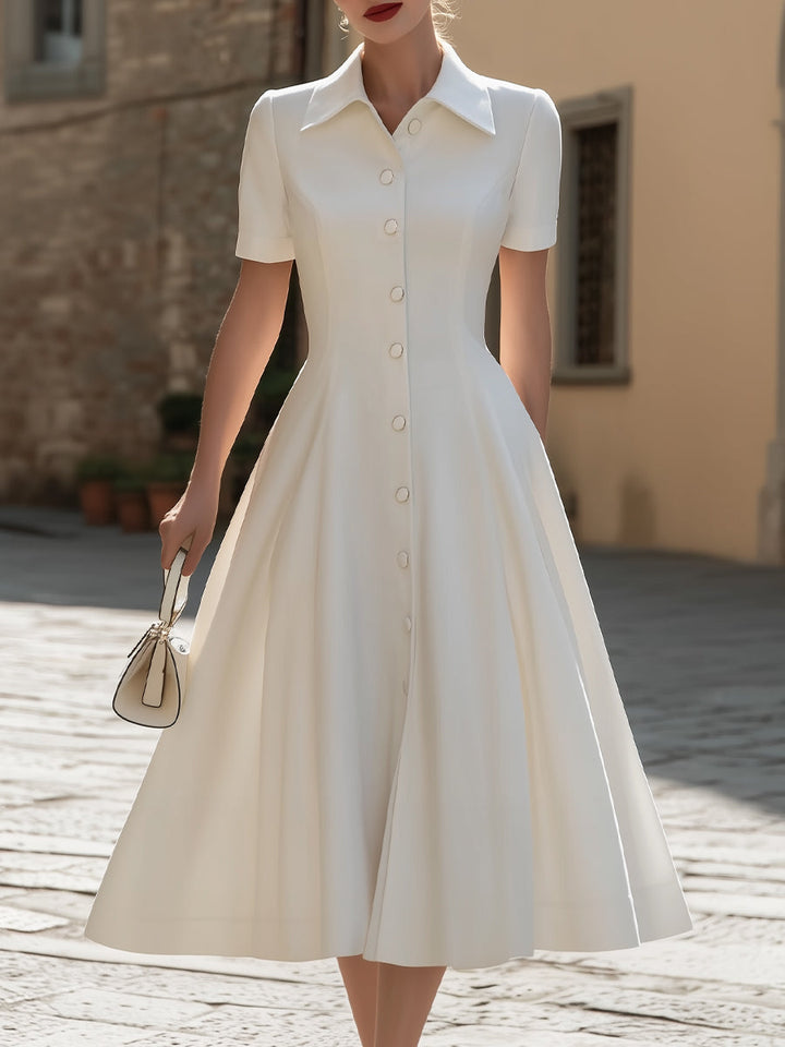Olivia Bennet | Pointed Collar Short-Sleeve Button-Down A-Line Midi Dress