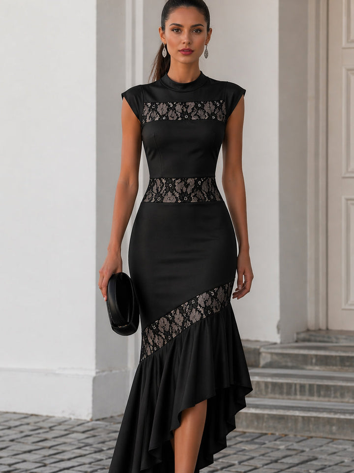 Olivia Bennet | High-Neck Lace Panel Asymmetric Ruffle Maxi Dress