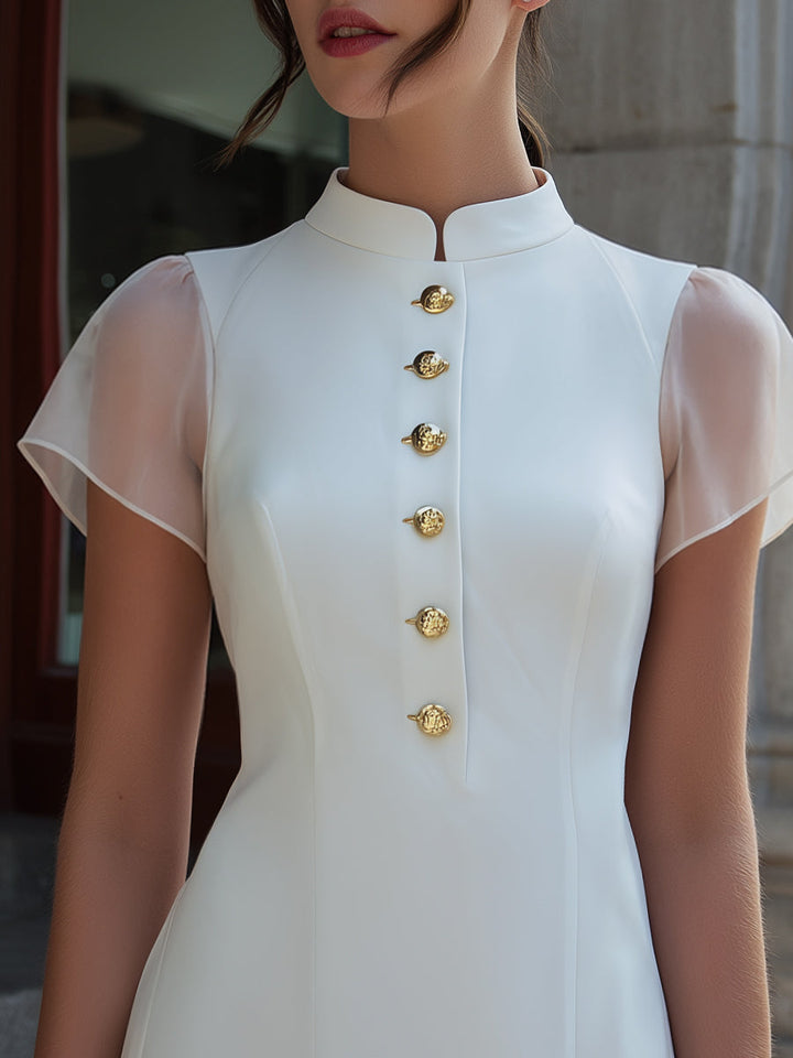 Olivia Bennet | Stand Collar Button-Front Sheer Sleeve Mini Dress