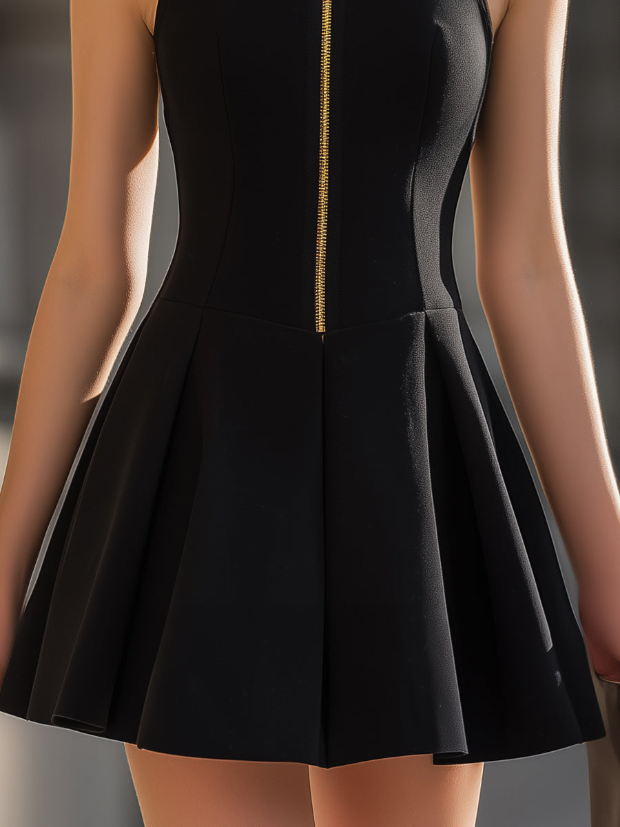 Olivia Bennet | Stand-Up Collar Gold-Zip Sleeveless Fit-and-Flare Mini Dress