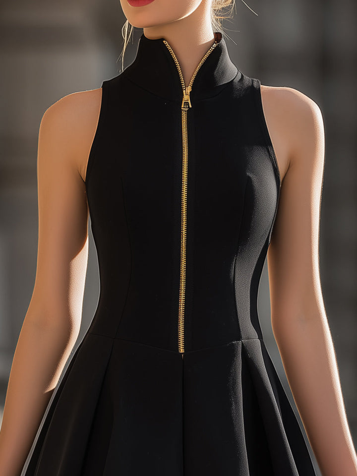 Olivia Bennet | Stand-Up Collar Gold-Zip Sleeveless Fit-and-Flare Mini Dress
