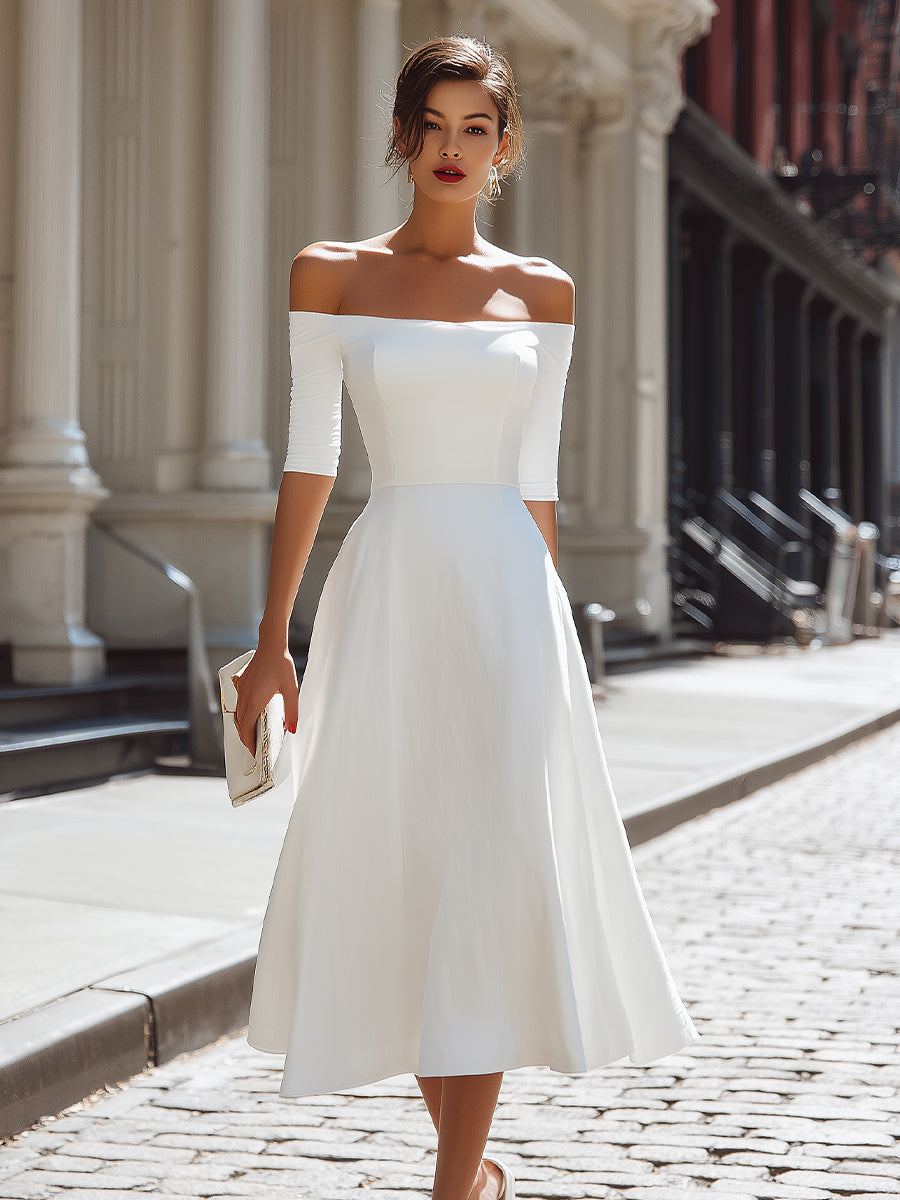 Olivia Bennet | Off-Shoulder Fitted Bodice A-Line Midi Dress