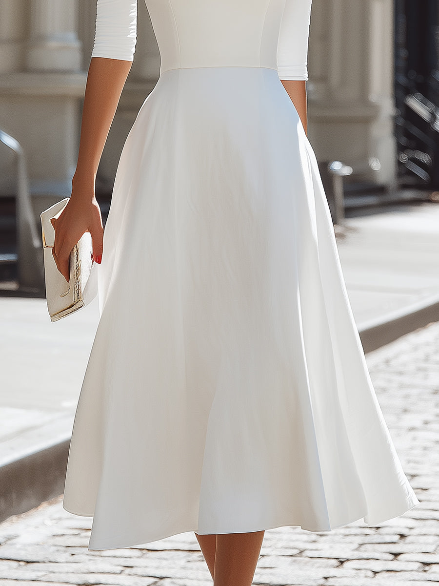 Olivia Bennet | Off-Shoulder Fitted Bodice A-Line Midi Dress