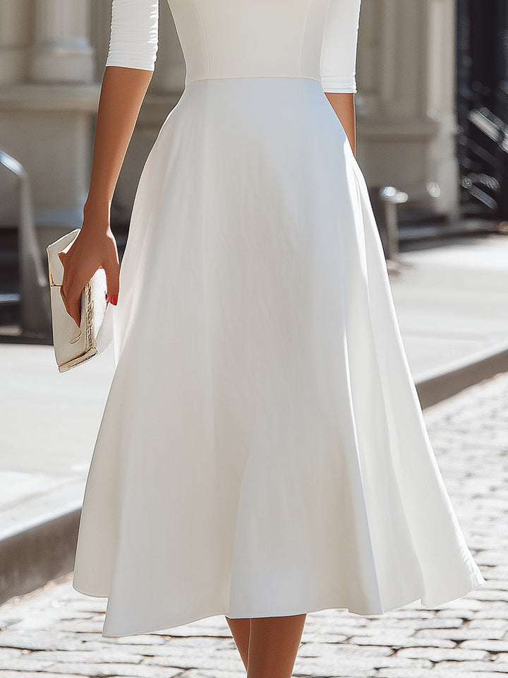 Olivia Bennet | Off-Shoulder Fitted Bodice A-Line Midi Dress